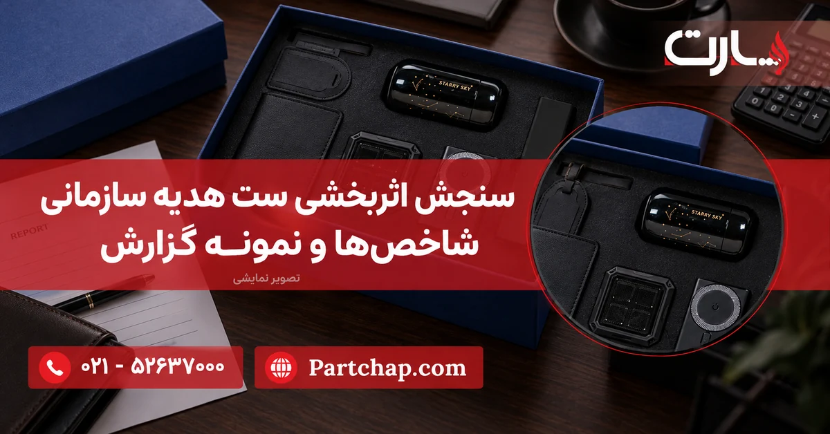 چیدمان نمایشی ست هدیه آبی پارت کنار برگه گزارش و ماشین‌حساب برای بررسی نتیجه هدیه سازمانی