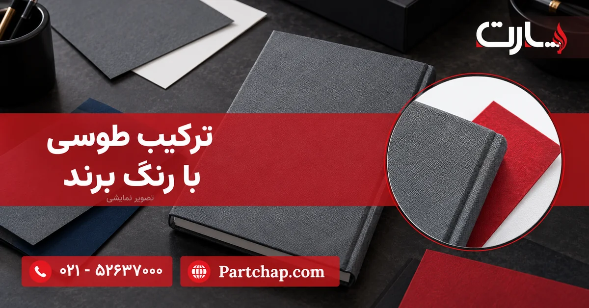 جلد طوسی در کنار نمونه‌های رنگ سفید، آبی و قرمز برای مقایسه ترکیب رنگ